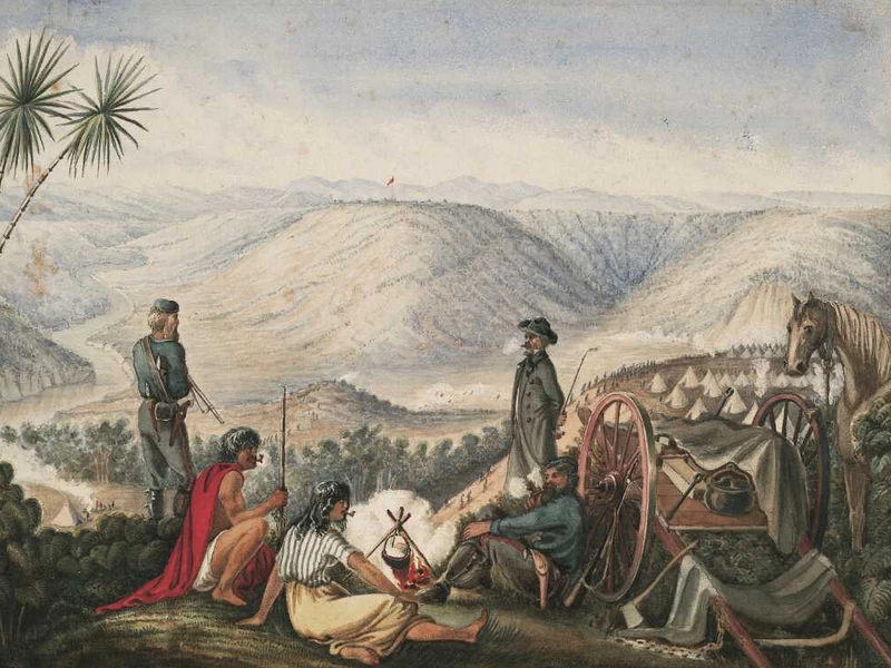 1828-Gustavus von Tempsky - Accampamento delle forze di Chute vicino a Te Putahi Pa, sul fiume Whenuakura